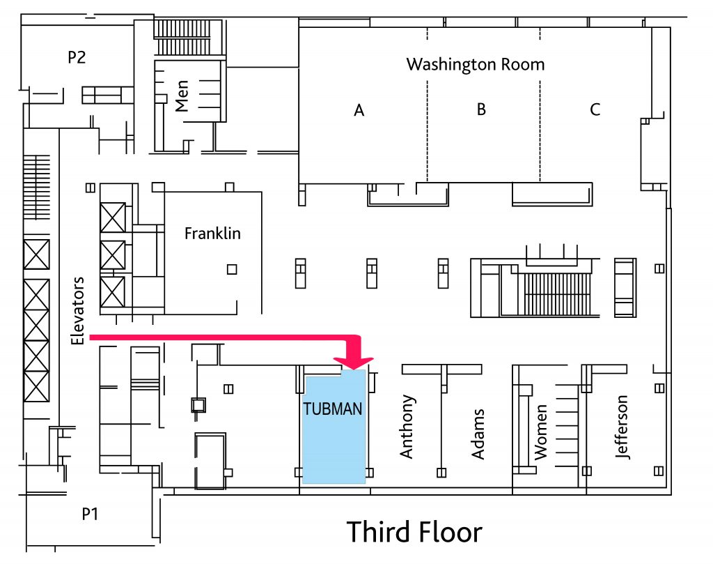 Blueprint of the third floor with arrow showing where the conference room is located.